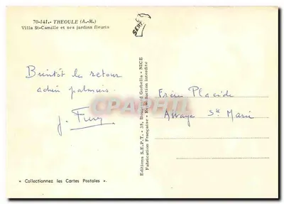 Villa St-Camille e seus jardins floridos — Theoule (A.M.) — Edições S.E.P.T. - 35 Boulevard Gorbella - NICE — Verso