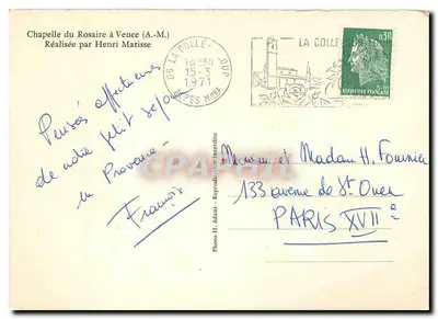 Kaplica Rosaryjna w Vence — wykonana przez Henriego Matisse — Foto H. Adant — Rewers