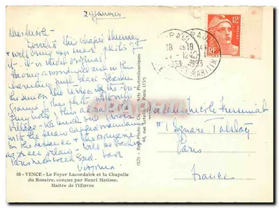 Vence — Dom Lacordaire i Kaplica Rozmarynki — zaprojektowana przez Henriego Matisse — wydawca Réal-Photo — Rewers