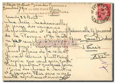 Cap Ferrat e a Baía de Villefranche — A Costa da Provença — editor desconhecido, n° 173 — Verso