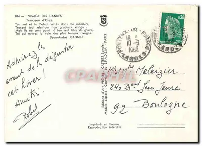 Bilhete postal moderno Rosto das Landas Buraco das Gansos Seu vale e a Palud restam na minha memória — Verso