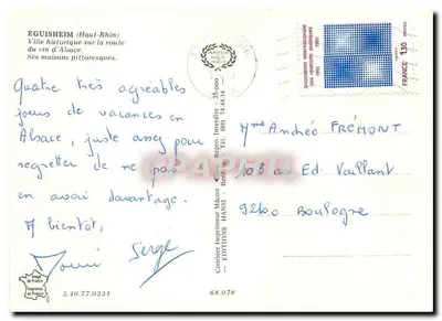 Stara pocztówka: Eguisheim (Haut-Rhin) — historyczna miasto na trasie winnej Alzacji — Wydawnictwo Hansi — Rewers