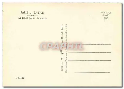 Place de la Concorde — Fontaine de la Concorde oświetlona w nocy — Éditions d'Art Martel, Paryż — Rewers