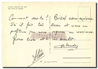 San Feliu de Guixols — Costa Brava n° 1005 — editor V.C.E. y Diatr. P.A.D.F. R.E.N.T. - Unión, B.-Barcelone — Verso