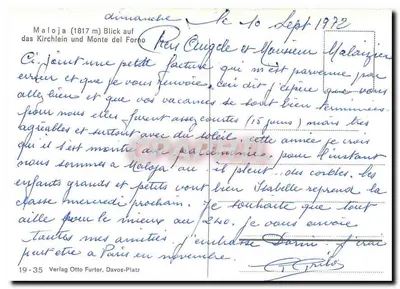 Malojà (1817 m) — widok małego budynku religijnego i Monte del Forno — Verlag Otto Furter, Davos-Platz, n° 19-35 — Rewers