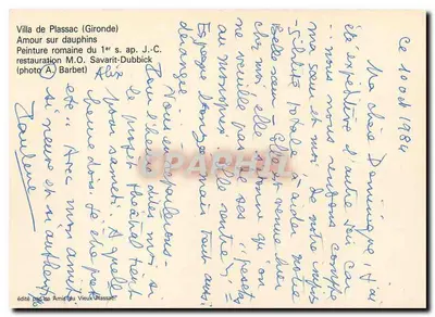 Miłość na delfinach — Rzymska malowidło z I w. n.e. — restaurovanie M.O. Savarit-Dubick (fotografia A. Barbet) — wydano przez Znawców Starego Plassac — Rewers
