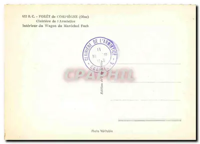 Interior do vagão do Mariscal Foch — Floresta de Compiègne — Edição do Armistício — Verso