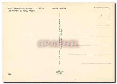 Os rochedos, no fundo, Argeles-sur-Mer — LE RACOU — Edições S. Audumares, n° 4610 — Verso