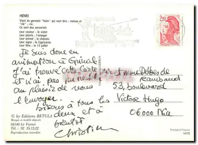 Henri — cartão postal ilustrado — Edições BETULA — Verso