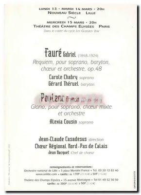 Requiem de Gabriel Fauré e Gloria de Francis Poulenc — Orquestra Nacional de Lille e Jean-Claude Casadesus — Verso