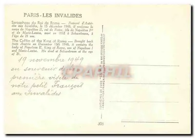 Sarcófago de Napoleão II — Rei de Roma — Editor Estel, n°308 — Verso