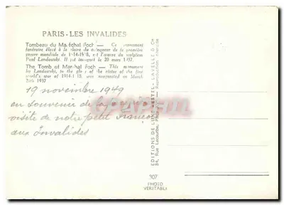 Tombeau van Marechal Foch — Parijs - De Invaliden — Uitgever Estel, n°307 — Achterkant