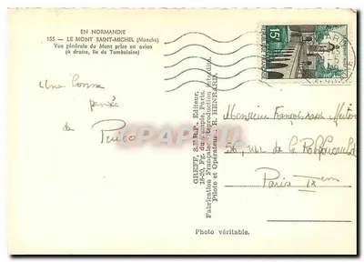 Mont Saint-Michel — Ogólny widok z lotu — Wydawca Greffe, S.E.R.P., Paryż, nr 155 — Rewers