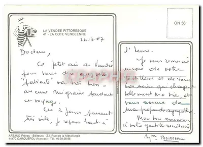 Vendée — 85 — Carte postale panoramique avec carte et sites touristiques — Artaud Frères — Verso