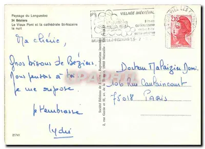 Béziers — O Velho Ponte e a Catedral de São Nazaré à noite — Sociedade Edições da Estrie, 21741 — Verso