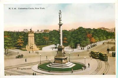 Columbus Circle, Nova Iorque — vista panorâmica com monumento central e trilhos — editor Irving Underhill, N.Y.