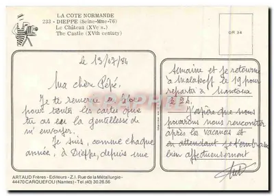 Dieppe — O Castelo (século XV) — Artaud Frères - Z.I. Rue de la Métallurgie - 44470 Carquefou — Verso