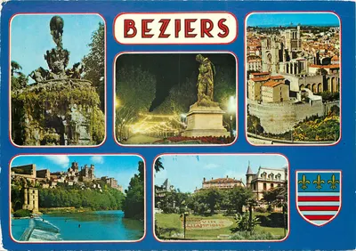 Beziers — vista aérea, estátua do Titan d'Injalbert, catedral, jardim dos Poetas — S.A. Cartes Postales APA-POUX-ALBE
