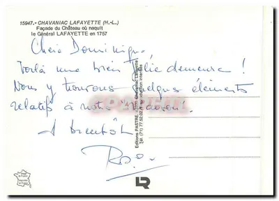 Chavanac Lafayette — Fronton zamku, w którym urodził się generał Lafayette w 1757 roku — Wydawnictwo Pastre — Rewers