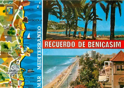 Recuerdo de Benicasim — Carta postal turística com mapa da costa mediterrânea — FISA I.G. - Palaudarias, 26 - Barcelone