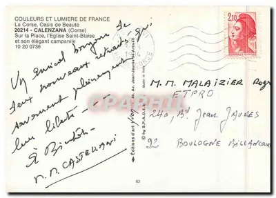 Tarjeta postal antigua Calenzana — Iglesia de San Blas — Ediciones d'arte Lyon — Reverso
