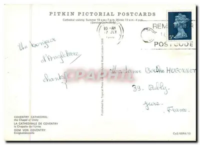Catedral de Coventry — A Capela da Unidade — Publicado por Pitkin Pictorial Postcards — Verso