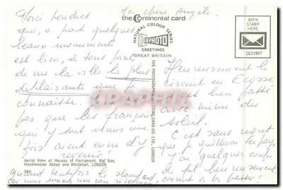 Casas do Parlamento, Big Ben, Abadia de Westminster e Whitehall, Londres — The Photographic Greeting Card Co. Ltd. — série CC21907 — Verso