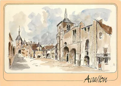 Avallon — vista da igreja de São Lazaro e da torre sineira — aquarela de G. Audusseau