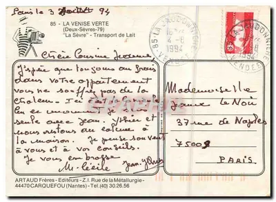 Transport mleka — La Venise Verte (Deux-Sèvres) — ARTAUD Frères — Rewers