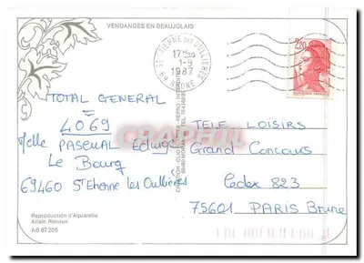 Zbieranie winogron w Beaujolais — reprodukcja akwareli — Allain Renoux, AB 87 205 — Rewers