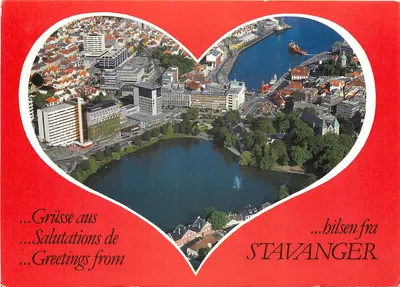 Stavanger — visão aérea com lago e porto — Enerett & Knut Kunstforlag A.S. n° HJ-11912-6