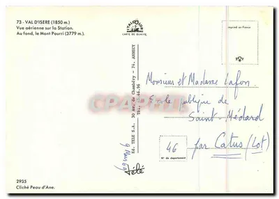 Val d'Isère — Vista aérea sobre a Estação — Ed. TELE S.A. — N° 2935 — Verso