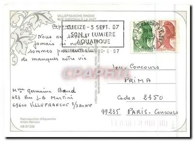 Villefranche-sur-Saône — Noite — Reprodução de aquarela por Allain Renoux — Verso