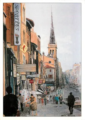 Vista de rua com igreja — Allain Renoux — reprodução de aquarela