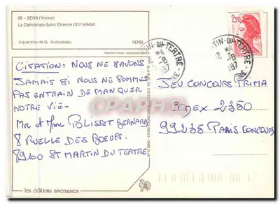 Sens — Katedra św. Etienne — akwarela G. Audusseau — Rewers