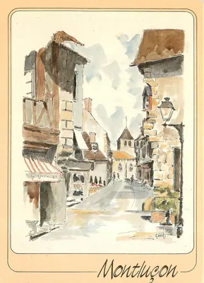 Montluçon — vista da rua com igreja — aquarela de G. Audusseau