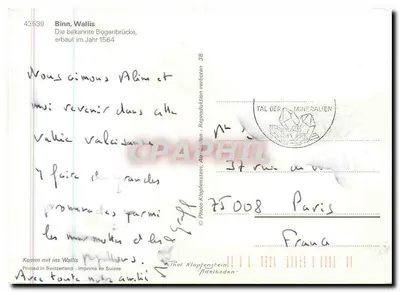 Binn, Wallis — Most kamieniany z XVII wieku — Foto Klopfenstein — Rewers