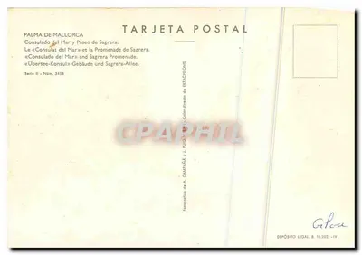 Palma de Mallorca — Consulado do Mar e Promenade de Sagrera — Editor A. Campaña y J. Puga, série II n° 3458 — Verso