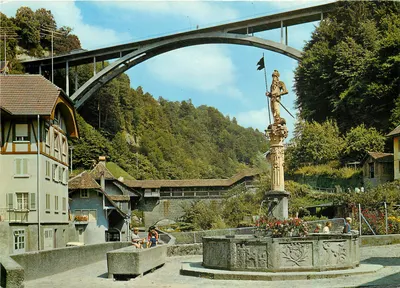 Fribourg - Fonte da Fidelidade e Ponte do Gôttéròn — Edição Photoglob SA, Zurique/Vevey, n° 9420