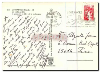 Ogród publiczny w Coutances — presseoir do wyciskania jabłkowego soku i ślimak — wydawca A. S. (n° 216) — Rewers