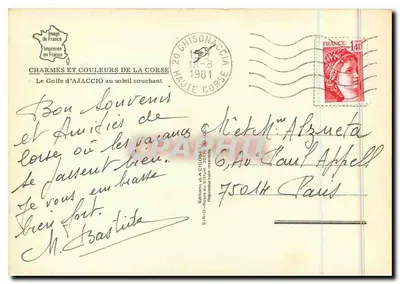 O golfo de AJACCIO ao pôr do sol — Éditions S.A.O.-Route du Vittorio, série 'Charmes et couleurs de la Corse' — Verso