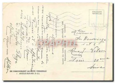 Argelès-sur-Mer — visão da costa — Sociedade das Cartas Postais APA-POUX — Verso