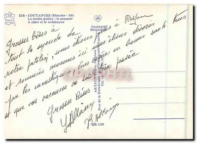 Coutances (Manche) — Ogrodnik publiczny: tłocznia jabłkowa i schody — Artaud Frères, Drukarnia — Rewers