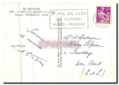 Bilhete postal moderno Em Bretagne Saint Pol de Leon Finistere Maison Prebendale — Verso