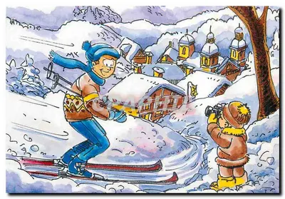 Esqui em um vilarejo nevado — ilustração — Coleção Esportes, Lazer, Viagens, MULTIPUB S.A.