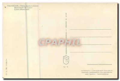 Monumento a Colón — Valladolid — Ed. Darvi, N°4 — Verso