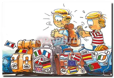 Dois meninos com malas decoradas com bandeiras — Coleção Esportes, Lazer e Viagens — MULTIPUB