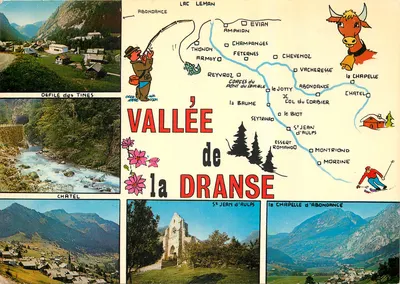 Vale da Dranse — carta postal ilustrada com cartas postais de paisagens e mapa rodoviário — Ed. J. Cellard, Bron