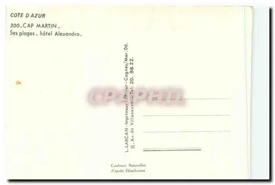 Cap Martin — plaża i hotel Alexandra — L. LARCAN, Imprimeur-Éditeur, Villeneuve — Rewers