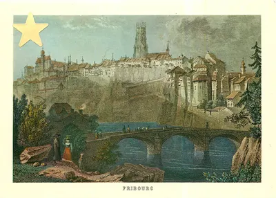 Fribourg — vista da cidade e do ponte sobre o lago — editor não visível